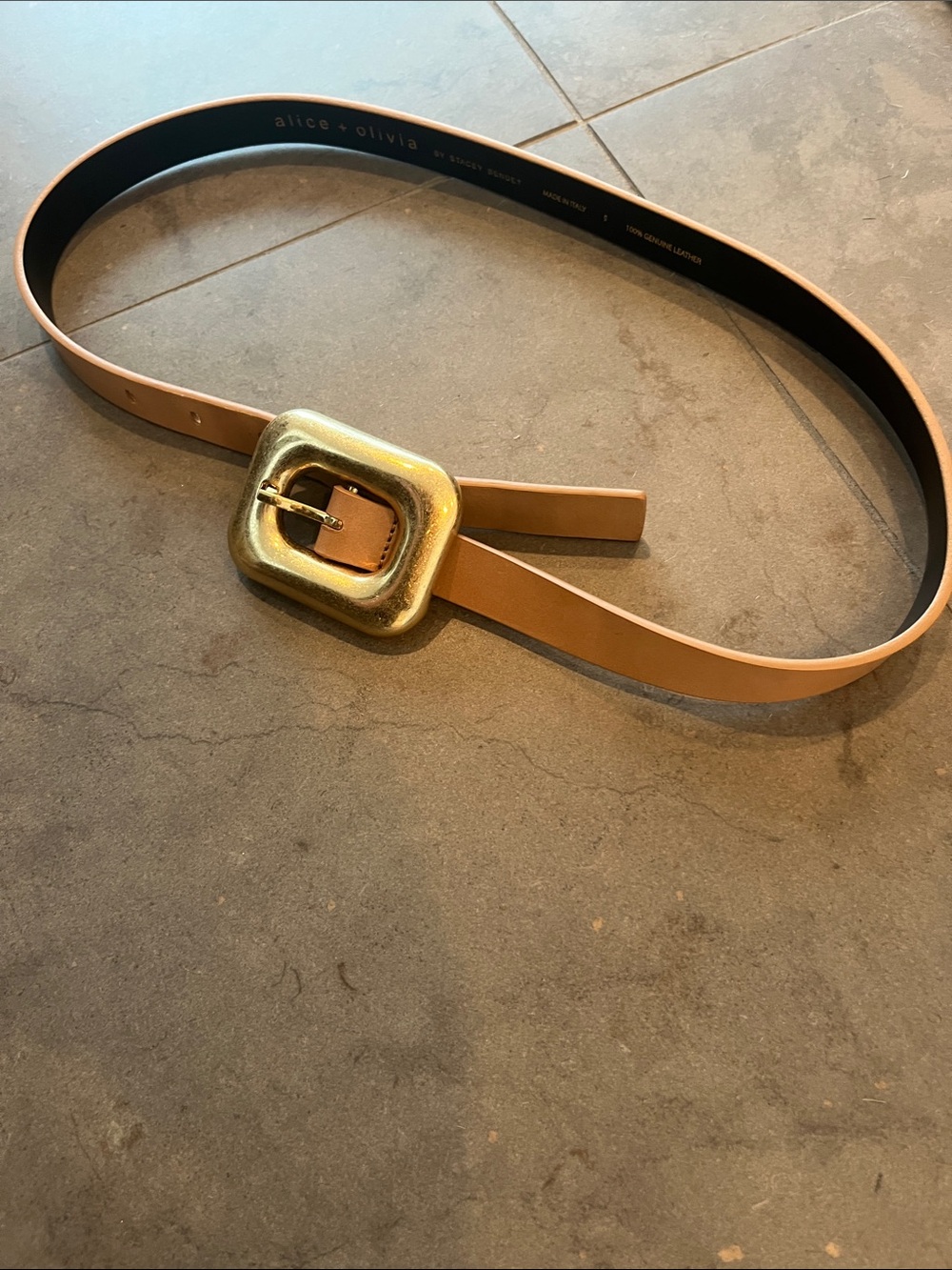 Alice + Olivia Letty Buckle Tan Leather Belt with Oversized Gold Buckle - Picture 7 of 16